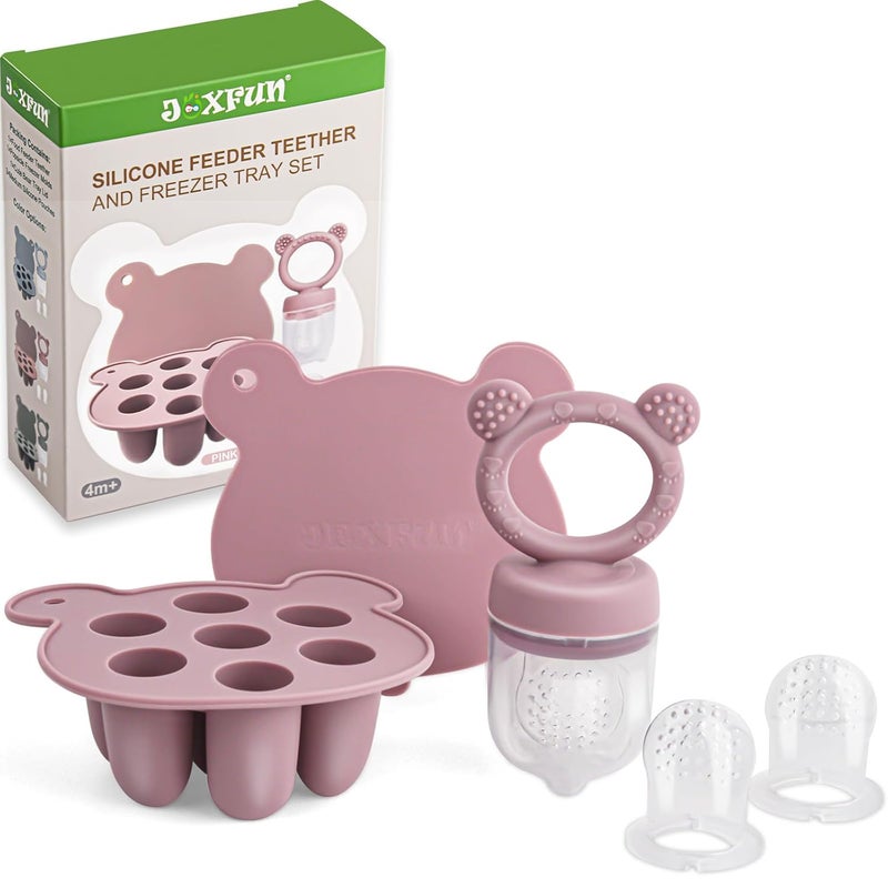 JEXFUN Silicone Baby Fruit Food Feeder & Mini Freezer Nibble Tray, Breastmilk Popsicle Molds for Baby Teething Relief, BPA Free Silicone Teething Toys Feeder for Safe Infant Self Feeding, Extra Food Pouches - Image 1